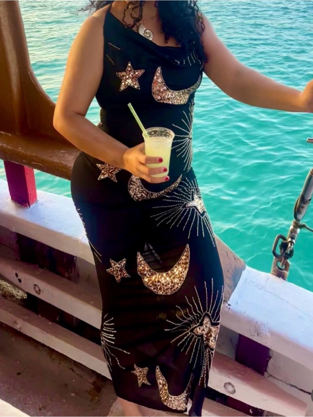 Black Sequin Moon & Star Midi Dress